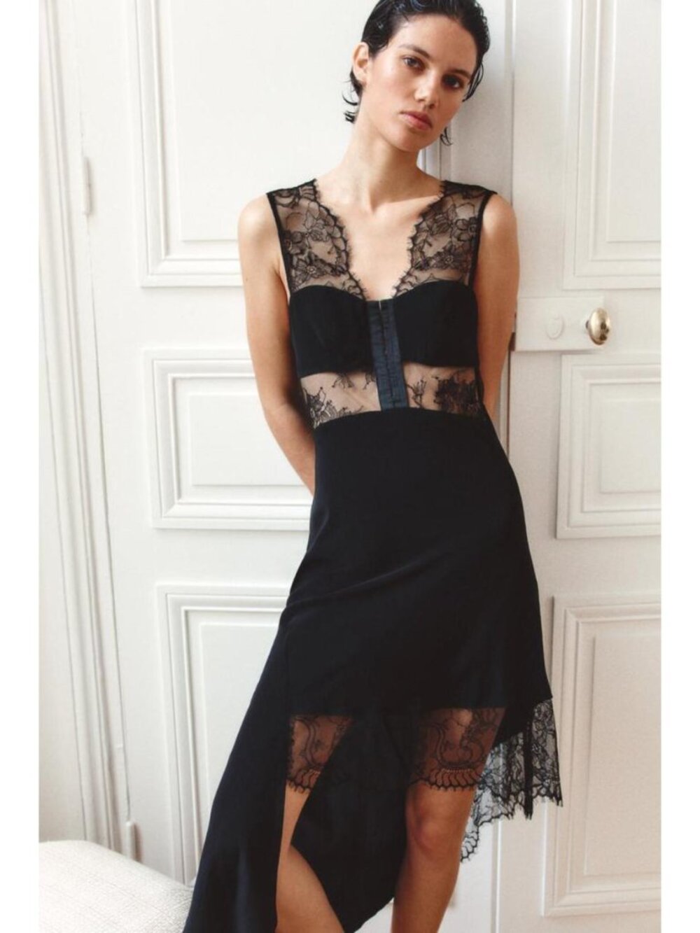 ZARA SATIN EFFECT ASYMMETRICAL LACE DRESS - Picture 2 of 6